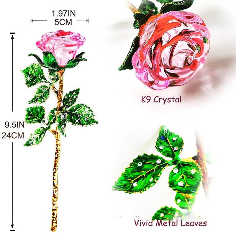 SWEETIME Pink Rose Birthday Gift for Women, K9 Glass Rose with Wish Card, Galaxy Rose Flower, Crystal Rose with Green Leaves, Unique Gift for Her on Thanksgiving, Christmas, Wedding,Valentine's Day. - Image 3